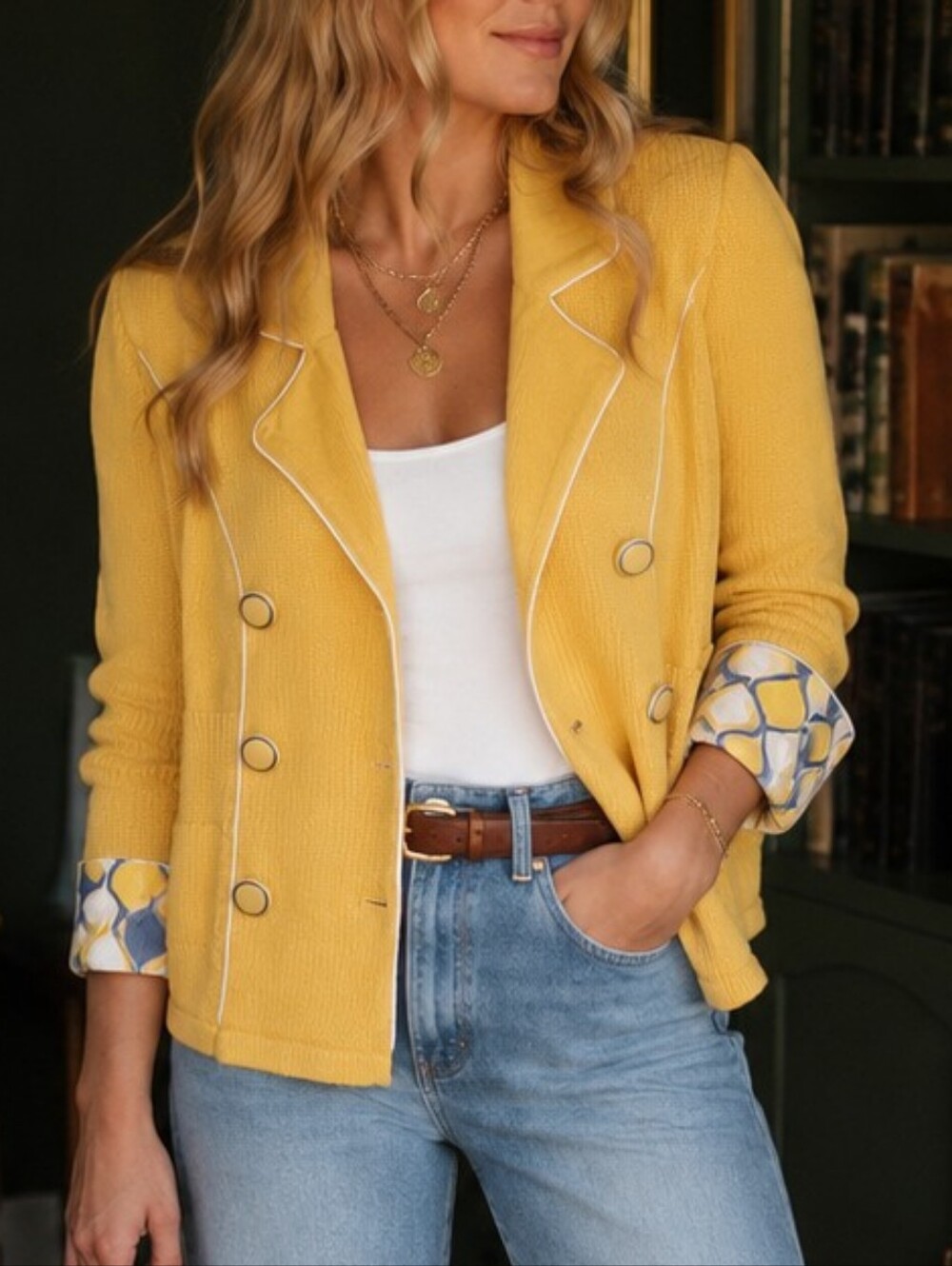 SPARROW x Anthropologie S Mustard Yellow Knit Blazer Style Sweater w White Trim